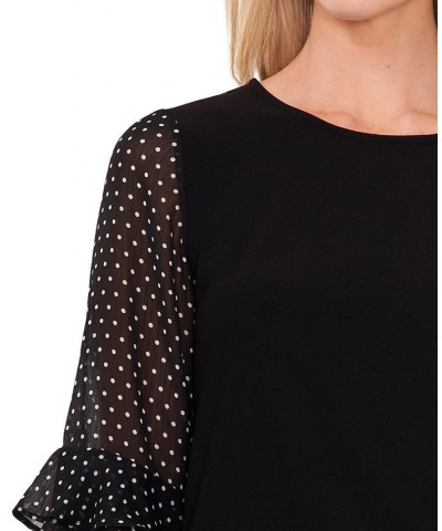 Women's Mixed-Media Ruffle-Sleeve Top Rich Black $29.15 Tops