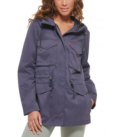 Women's Drawcord-Waist Hooded Utility Jacket Blue $41.82 Jackets