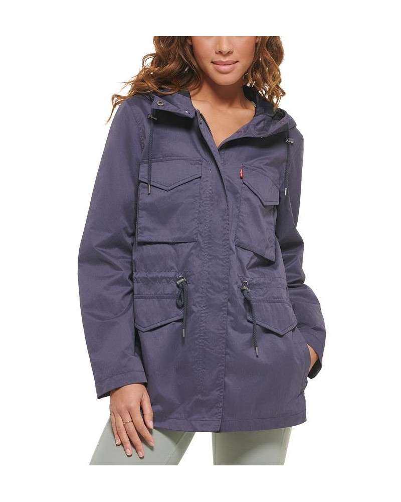 Women's Drawcord-Waist Hooded Utility Jacket Blue $41.82 Jackets