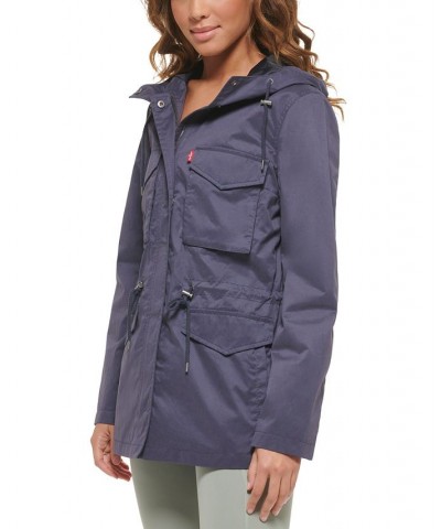 Women's Drawcord-Waist Hooded Utility Jacket Blue $41.82 Jackets