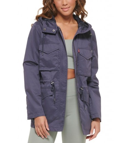 Women's Drawcord-Waist Hooded Utility Jacket Blue $41.82 Jackets