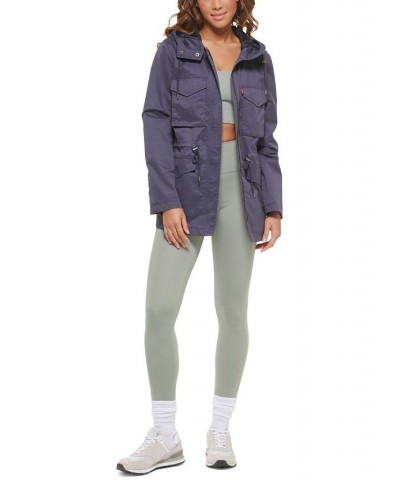 Women's Drawcord-Waist Hooded Utility Jacket Blue $41.82 Jackets