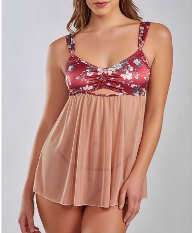 Women's Kia Mesh and Smooth Micro Floral Soft Bra Babydoll with Matching Panty 2 Piece Red-Nude $37.75 Lingerie