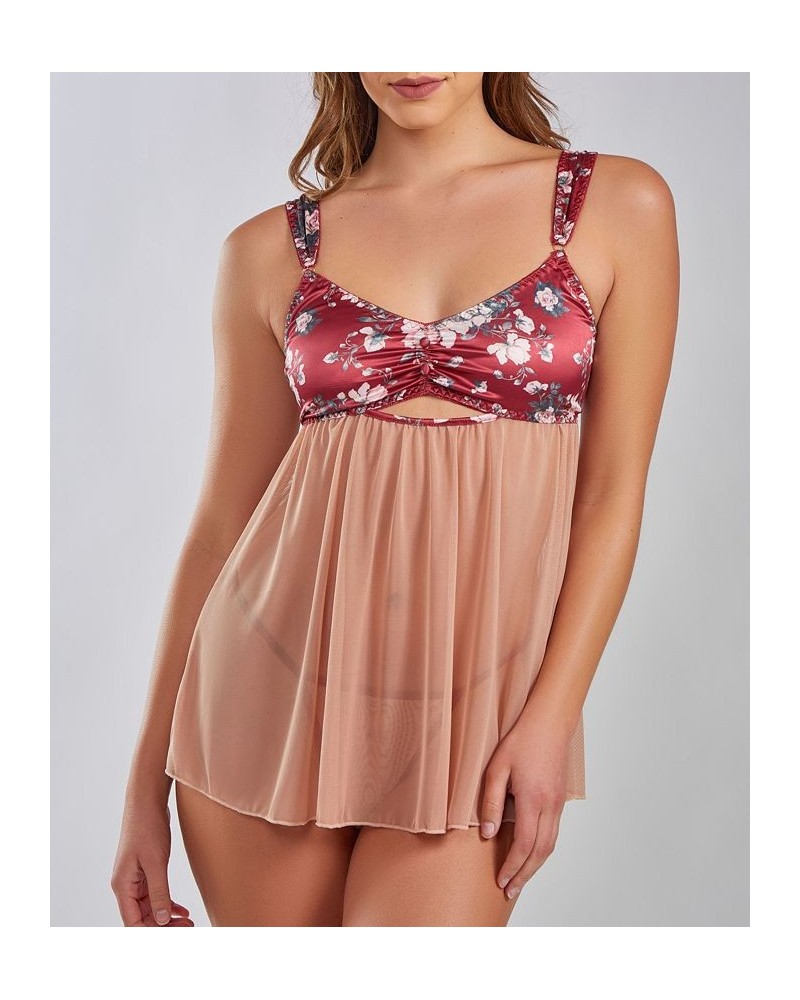 Women's Kia Mesh and Smooth Micro Floral Soft Bra Babydoll with Matching Panty 2 Piece Red-Nude $37.75 Lingerie