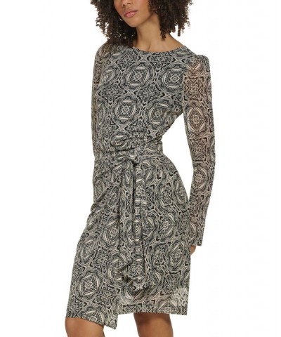 Women's Tile-Print Tie-Waist Mesh Dress Black.cream $39.21 Dresses