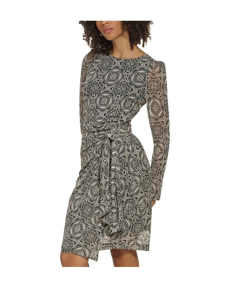 Women's Tile-Print Tie-Waist Mesh Dress Black.cream $39.21 Dresses