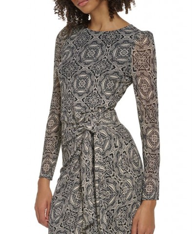 Women's Tile-Print Tie-Waist Mesh Dress Black.cream $39.21 Dresses