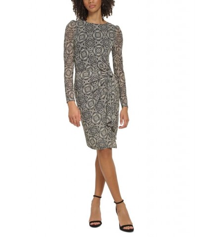 Women's Tile-Print Tie-Waist Mesh Dress Black.cream $39.21 Dresses