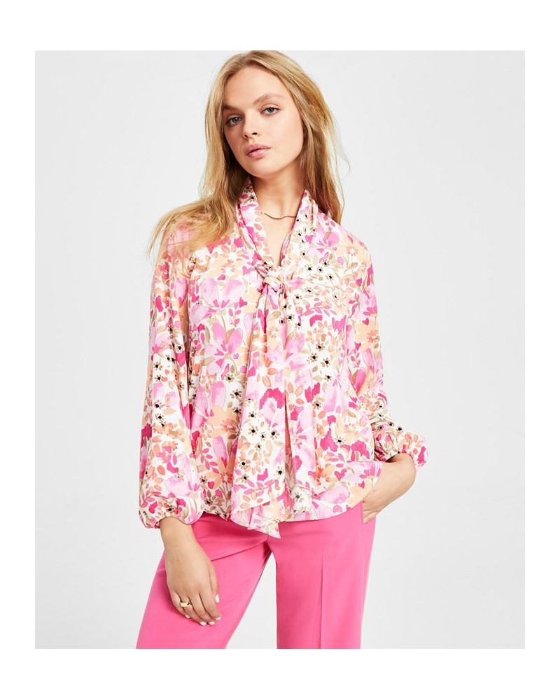 Women's Floral-Print Tie-Neck Blouse Rose Bloom Multi $41.87 Tops