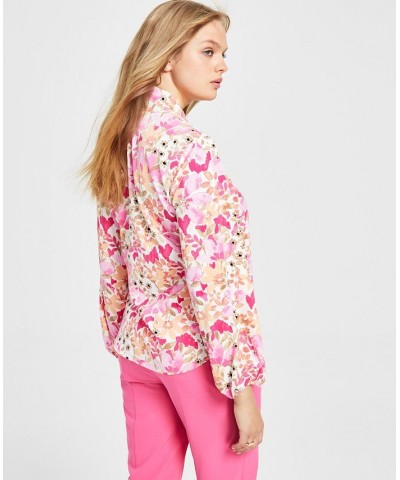 Women's Floral-Print Tie-Neck Blouse Rose Bloom Multi $41.87 Tops