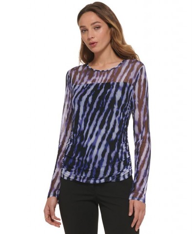 Women's Printed Mesh Knit Long-Sleeve Ruched Top Purple $17.49 Tops