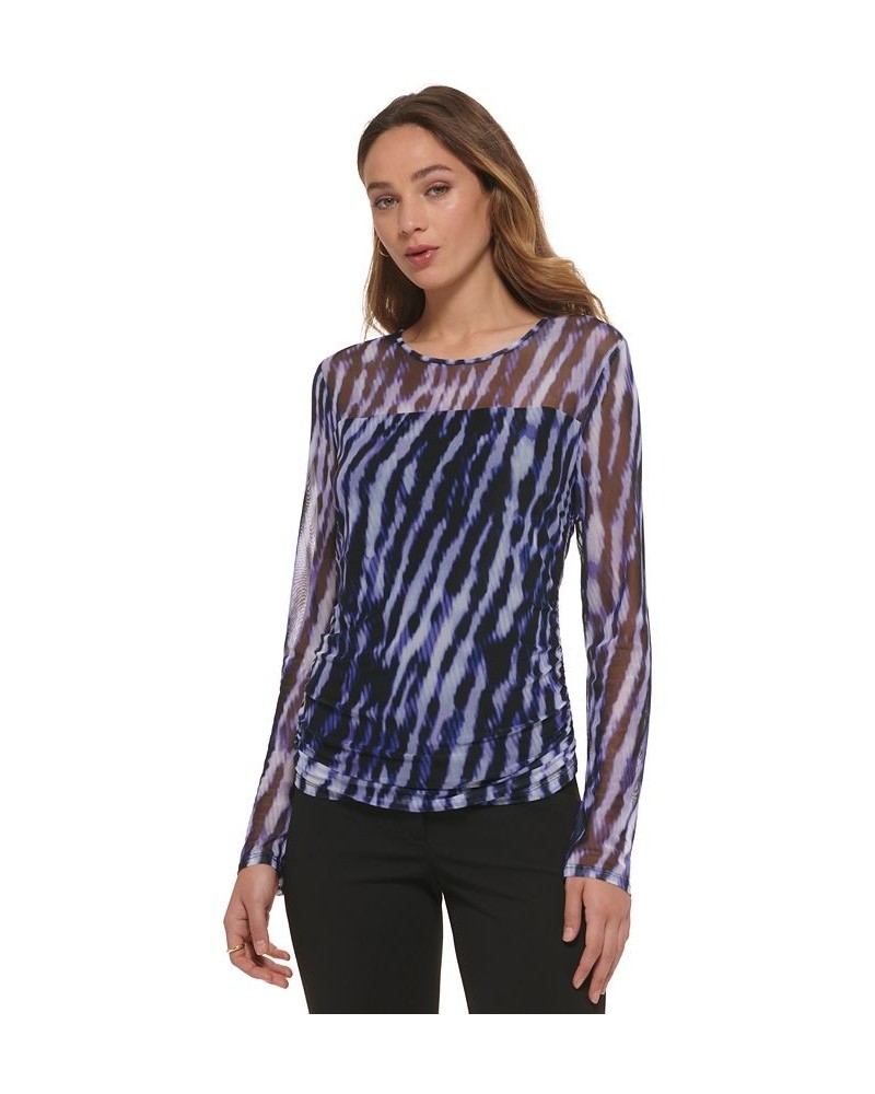 Women's Printed Mesh Knit Long-Sleeve Ruched Top Purple $17.49 Tops