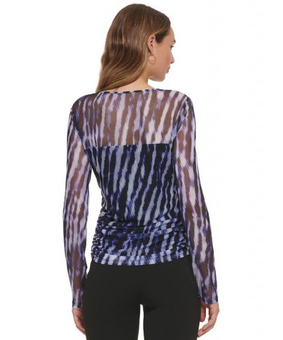 Women's Printed Mesh Knit Long-Sleeve Ruched Top Purple $17.49 Tops