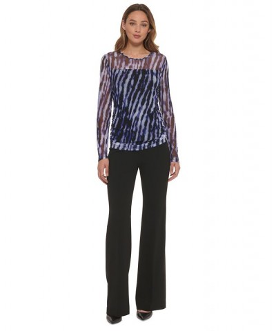 Women's Printed Mesh Knit Long-Sleeve Ruched Top Purple $17.49 Tops