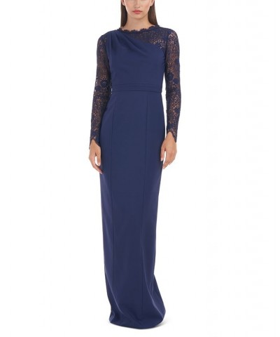 Women's Stretch Crepe Lace-Sleeve Gown Navy $113.96 Dresses