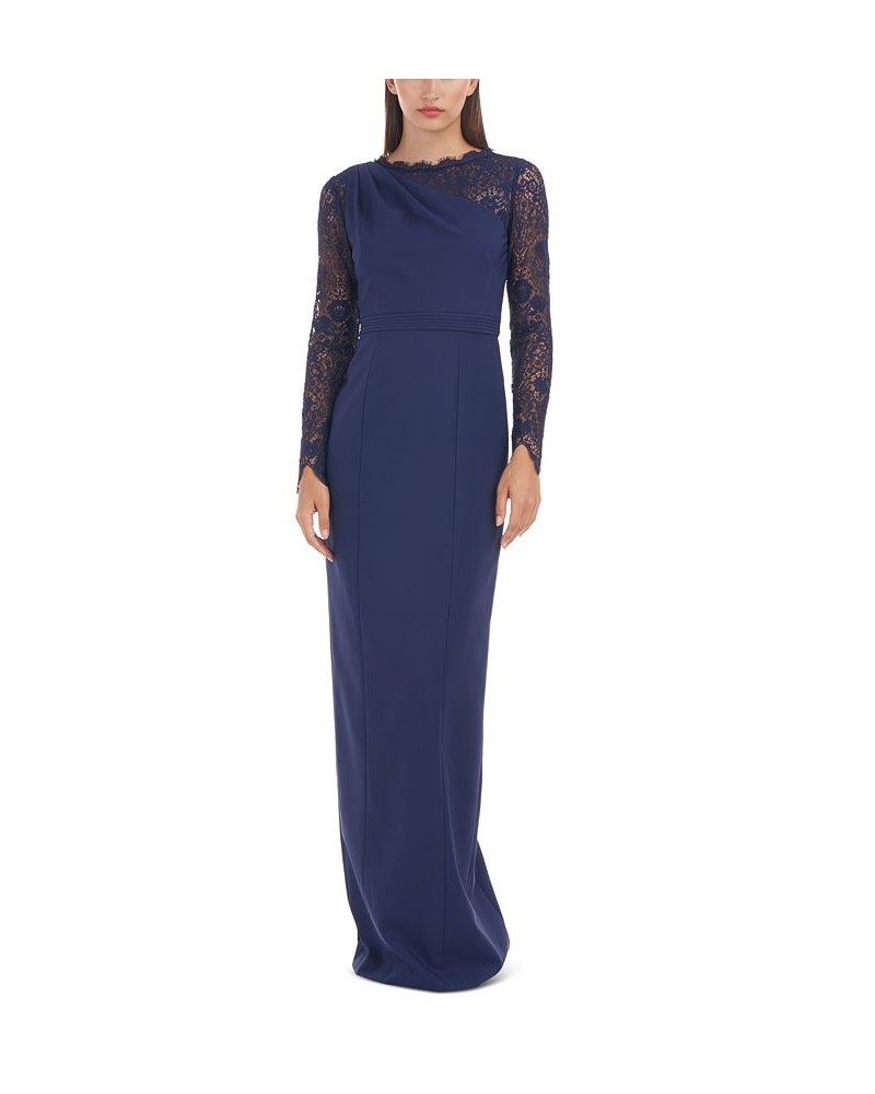 Women's Stretch Crepe Lace-Sleeve Gown Navy $113.96 Dresses