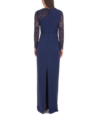 Women's Stretch Crepe Lace-Sleeve Gown Navy $113.96 Dresses