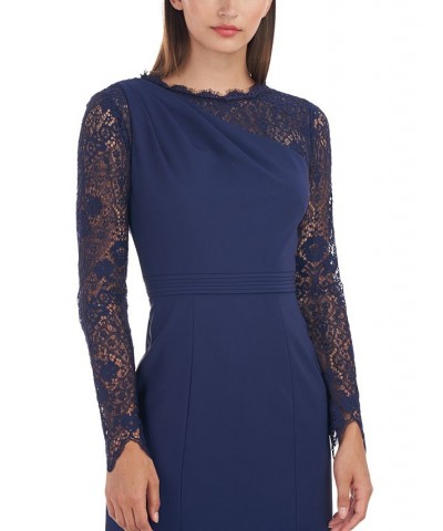 Women's Stretch Crepe Lace-Sleeve Gown Navy $113.96 Dresses