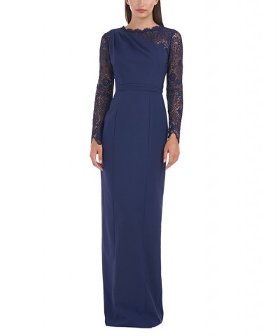 Women's Stretch Crepe Lace-Sleeve Gown Navy $113.96 Dresses