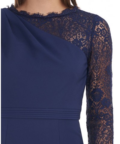 Women's Stretch Crepe Lace-Sleeve Gown Navy $113.96 Dresses