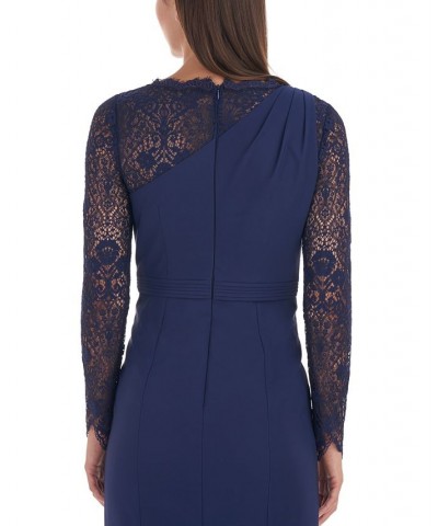 Women's Stretch Crepe Lace-Sleeve Gown Navy $113.96 Dresses