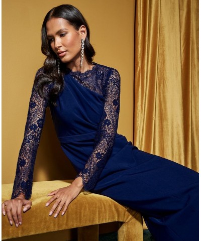 Women's Stretch Crepe Lace-Sleeve Gown Navy $113.96 Dresses