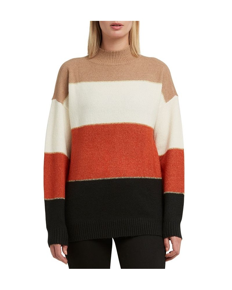 Women's Colorblocked Mock-Neck Long Sleeve Sweater Russet Combo $35.26 Sweaters