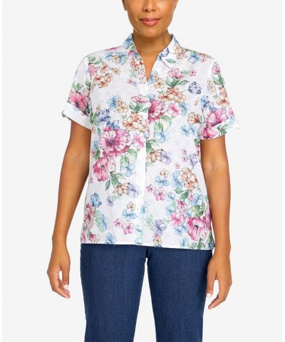 Petite Classics Watercolor Floral Short Sleeve Button Down Top White Multi $25.80 Tops