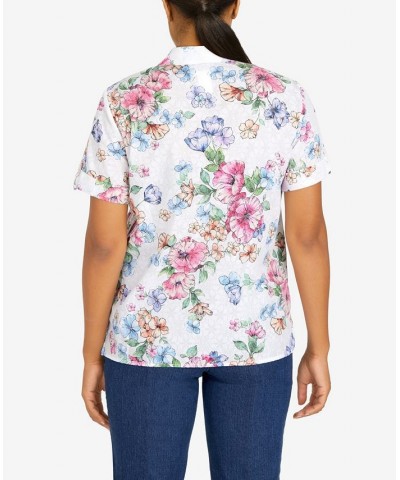 Petite Classics Watercolor Floral Short Sleeve Button Down Top White Multi $25.80 Tops