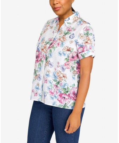 Petite Classics Watercolor Floral Short Sleeve Button Down Top White Multi $25.80 Tops