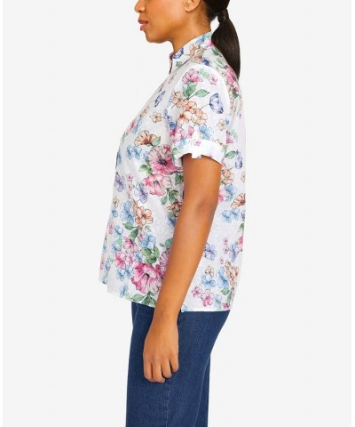 Petite Classics Watercolor Floral Short Sleeve Button Down Top White Multi $25.80 Tops