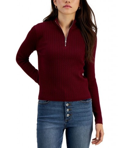 Juniors' Cable-Knit Quarter-Zip Sweater Red $15.89 Sweaters