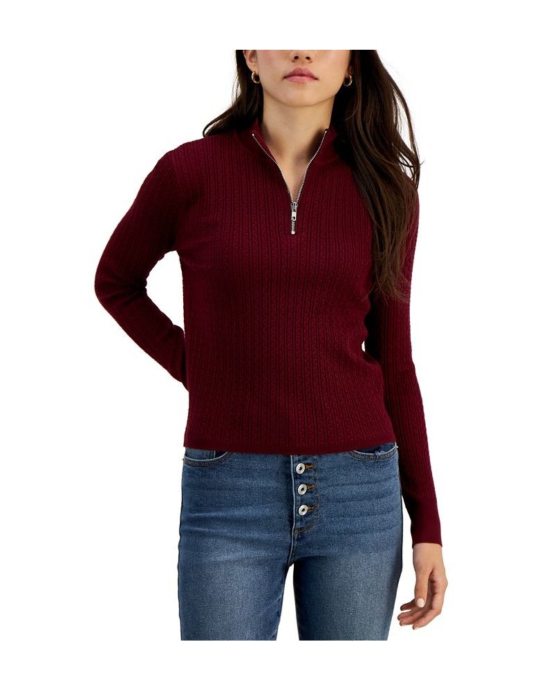 Juniors' Cable-Knit Quarter-Zip Sweater Red $15.89 Sweaters