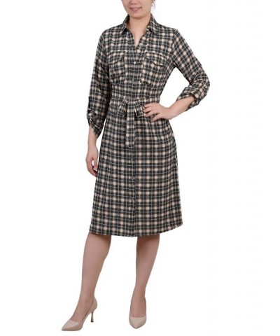 Petite Printed Long Sleeve Roll Tab Shirtdress Beige Jet Benplaid $20.72 Dresses