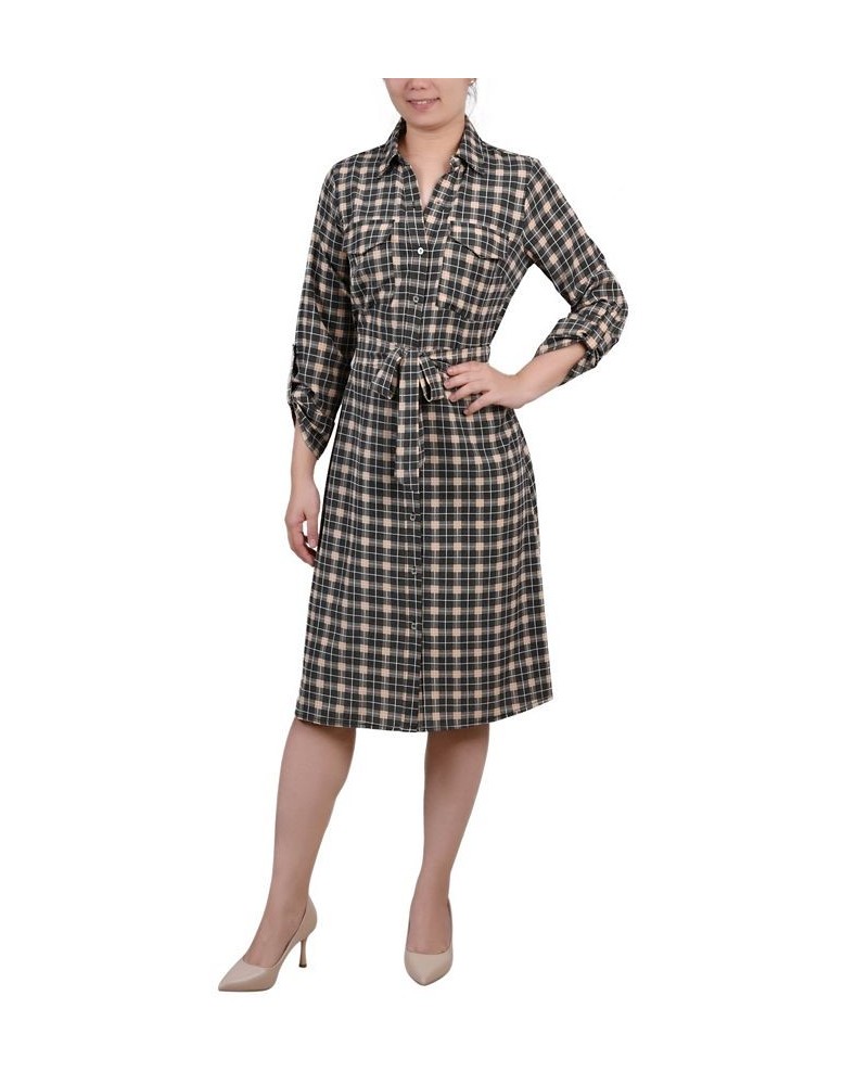 Petite Printed Long Sleeve Roll Tab Shirtdress Beige Jet Benplaid $20.72 Dresses