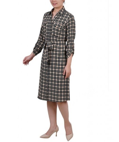 Petite Printed Long Sleeve Roll Tab Shirtdress Beige Jet Benplaid $20.72 Dresses