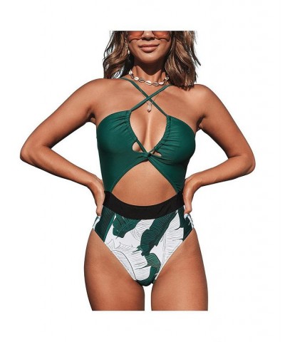 Women's Cutout One Piece Leafy Crisscross Front Drawstring Bathing Suit Green $26.04 Swimsuits
