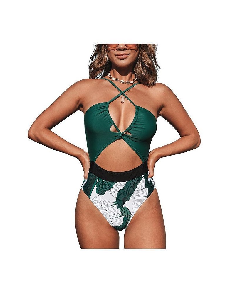 Women's Cutout One Piece Leafy Crisscross Front Drawstring Bathing Suit Green $26.04 Swimsuits