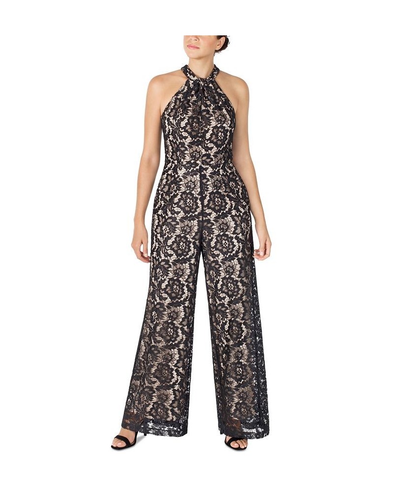 Women's Lace Twist-Neck Wide-Leg Jumpsuit Black/Nude $70.03 Pants