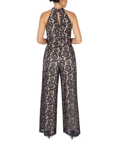 Women's Lace Twist-Neck Wide-Leg Jumpsuit Black/Nude $70.03 Pants