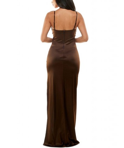 Juniors' Drape-Front Long Sateen Gown Chocolate Brown $22.31 Dresses