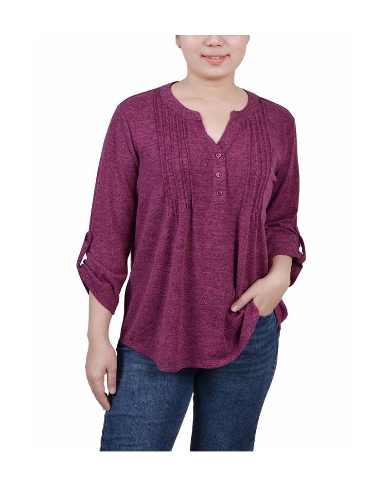 Petite 3/4 Roll Tab Sleeve Pintuck Top Eggplant $14.40 Tops