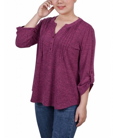 Petite 3/4 Roll Tab Sleeve Pintuck Top Eggplant $14.40 Tops