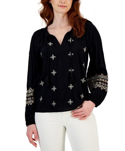 Women's Drapey Embroidered Long-Sleeve Top Black $19.88 Tops