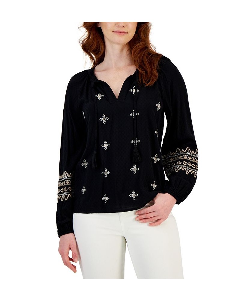 Women's Drapey Embroidered Long-Sleeve Top Black $19.88 Tops