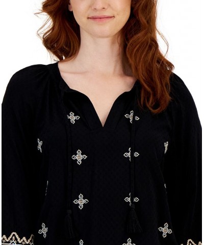 Women's Drapey Embroidered Long-Sleeve Top Black $19.88 Tops