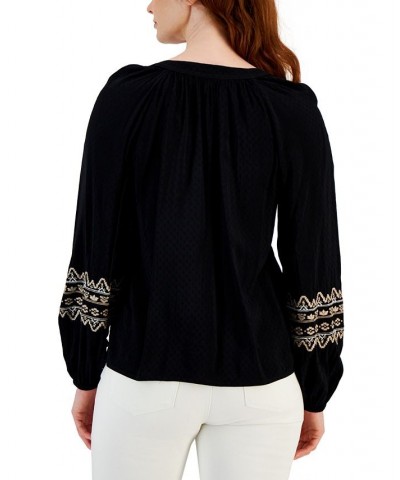 Women's Drapey Embroidered Long-Sleeve Top Black $19.88 Tops