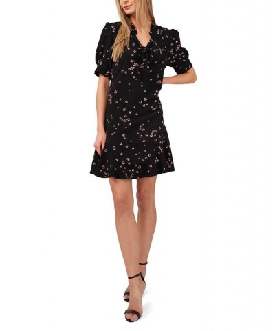 Women's Puff Sleeve V-neck Printed Dress with Tie Rich Black Floret $53.41 Dresses