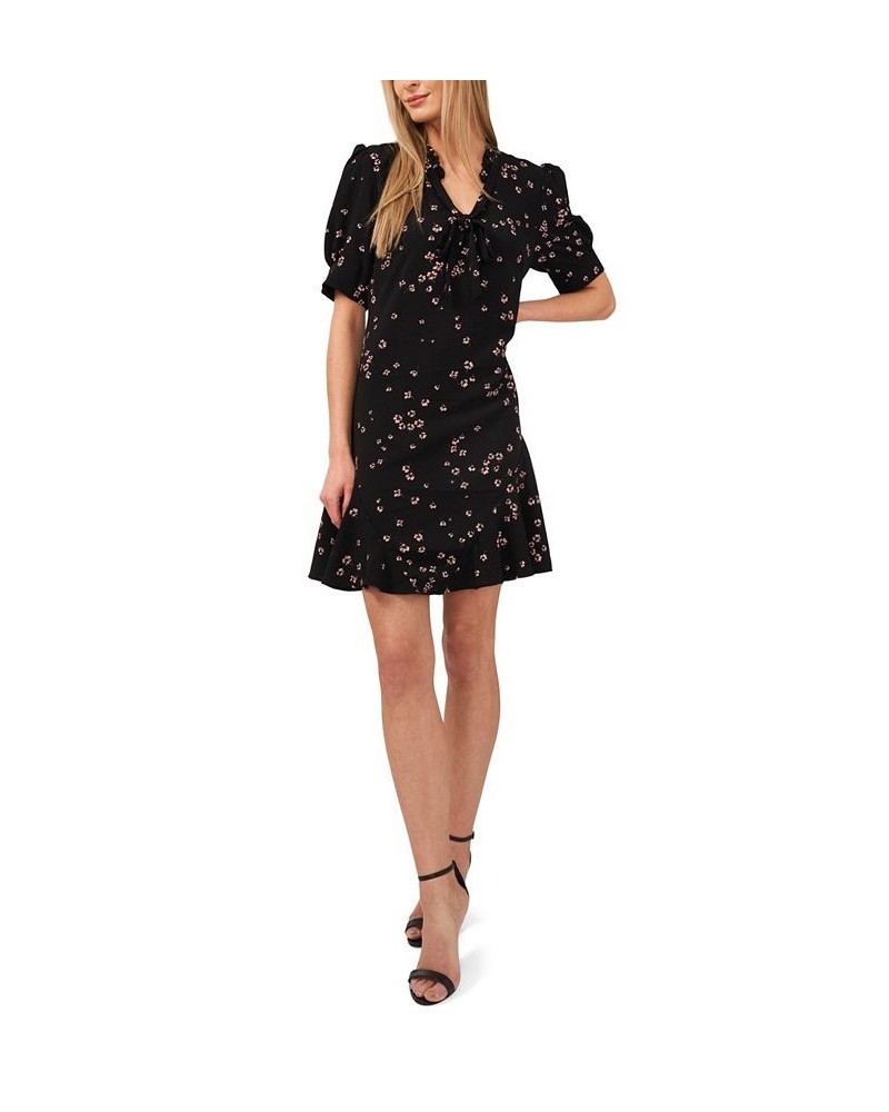 Women's Puff Sleeve V-neck Printed Dress with Tie Rich Black Floret $53.41 Dresses