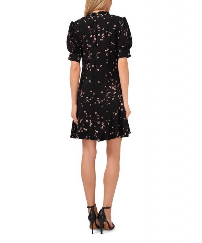 Women's Puff Sleeve V-neck Printed Dress with Tie Rich Black Floret $53.41 Dresses